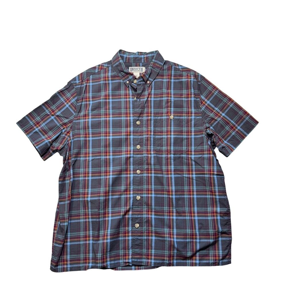 Duluth Trading Co. Button Down Plaid Short Sleeve Relaxed Fit Blue Shirt Mens XL